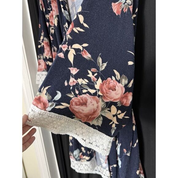 Pink Blush Open XL Dark Floral Oversized Kimono Lace Trim Spring Fairy Cottage - Picture 2 of 8